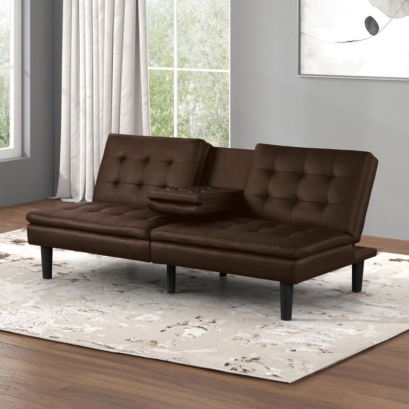 Futon Sofa Bed Contemporary Style Brown Finish Convert Into Bed Biscuit Tufting Seat And Back Seat Drop Down Table With Cup Holder USB Chargers