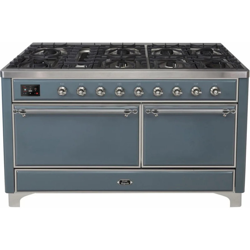 ILVE UM15FDQNS3BKCLP Majestic II 60 inch Dual Fuel Range with 9 Burners, Griddle (Liquid Propane, Solid Door, Glossy Black, Chrome)