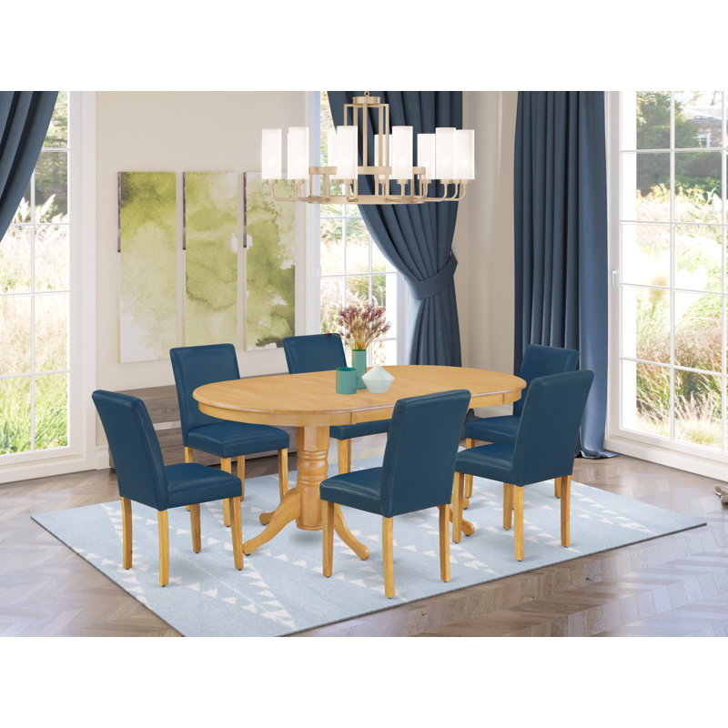Ensemble de table de salle à manger 7 pièces composé d'une table de salle à manger ovale avec feuille papillon et 6 chaises rembourrées en similicuir bleu Oasis, finition chêne