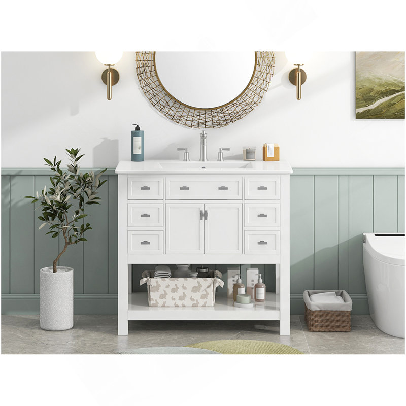 Meuble-lavabo 36 po avec lavabo supérieur, armoire de rangement moderne avec 2 portes à fermeture douce et 6 tiroirs, meuble-lavabo simple