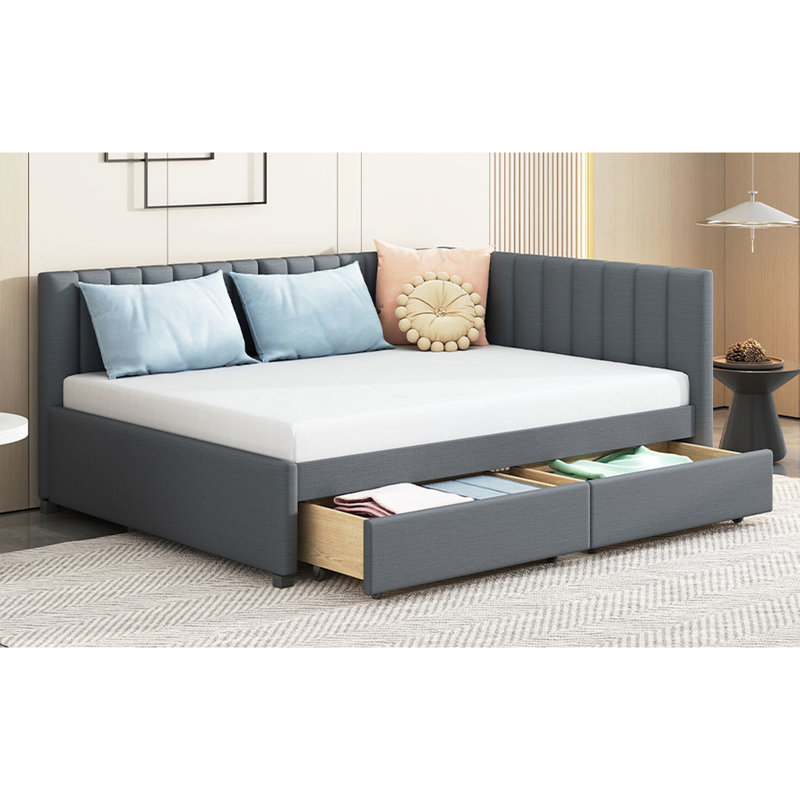 Full Size Daybed With Linen Fabric And 2 Storage Compartments, Gray. Bed Frame Without Box Spring For A Comfortable Sleep Area Gray Upholstery. Robust Your Comfort