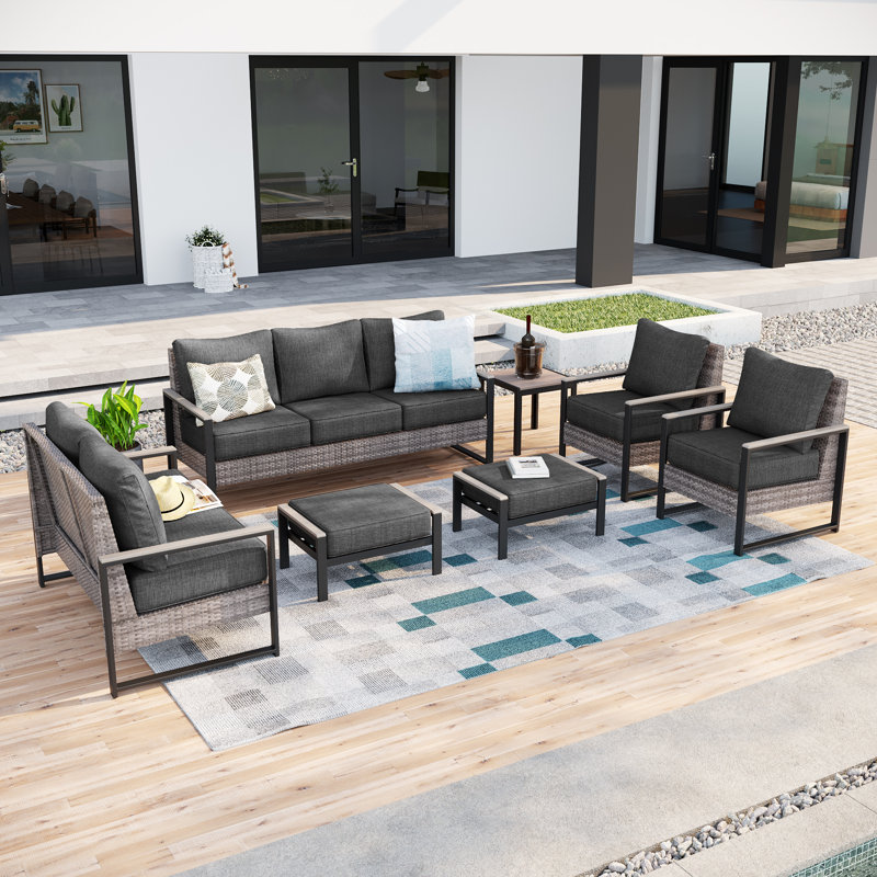 Ensemble de canapé de patio 7 pièces avec table d'appoint, Noir gris