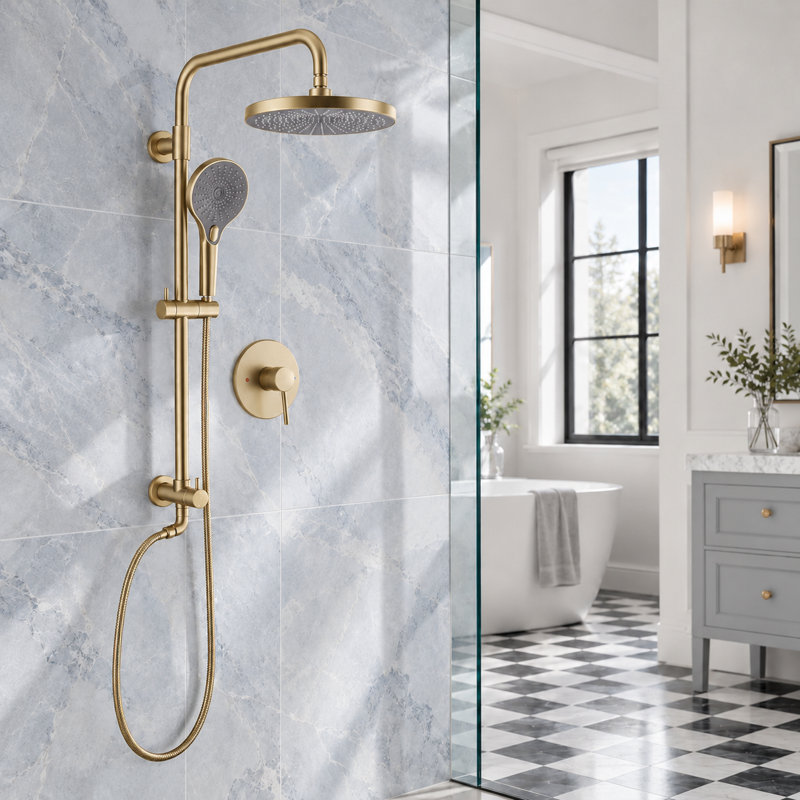 Robinet de douche mural à deux fonctions avec passe-partout noir mat, Brushed Gold