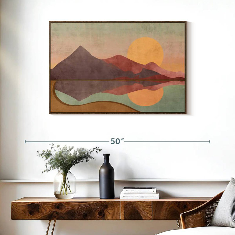 Boho Sundown, 37 po x 25 po, Cadre flottant en noyer