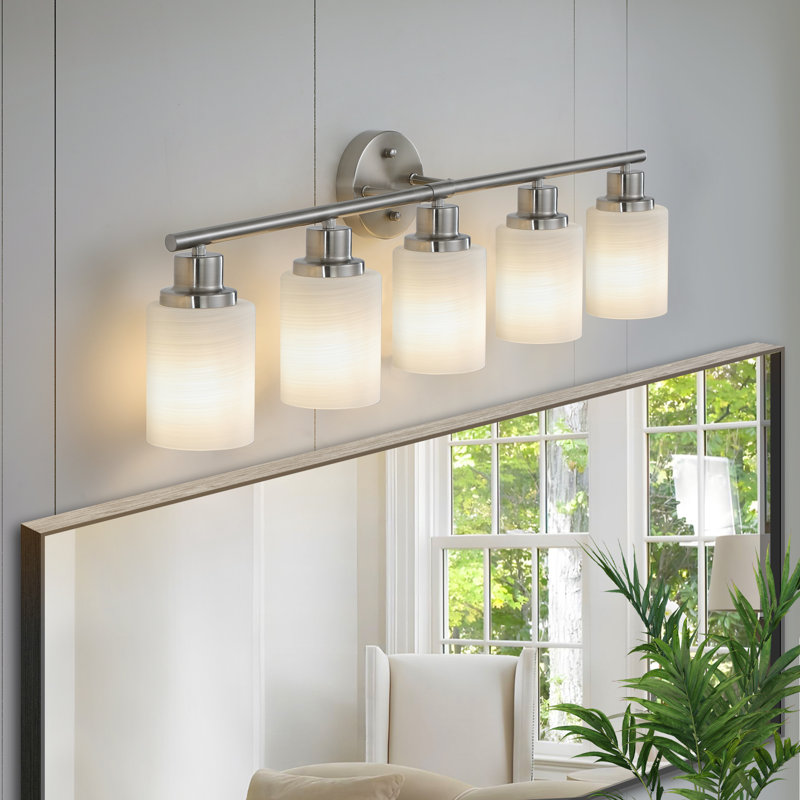 Modern Vanity Fixture With Frosted Glass, Dimmable Bathroom Wall Sconce, 5 Lights, Chrome