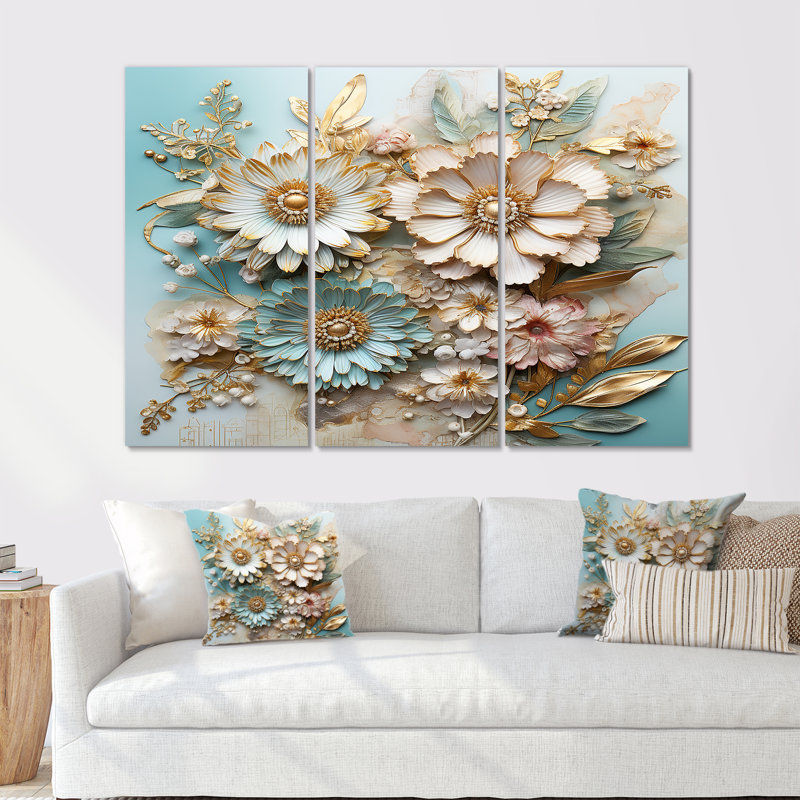 Marguerites blanches et bleues dorées, feuilles d'or glamour - ensemble d'art mural marguerite, H 28 po x l 36 po x P 1 po