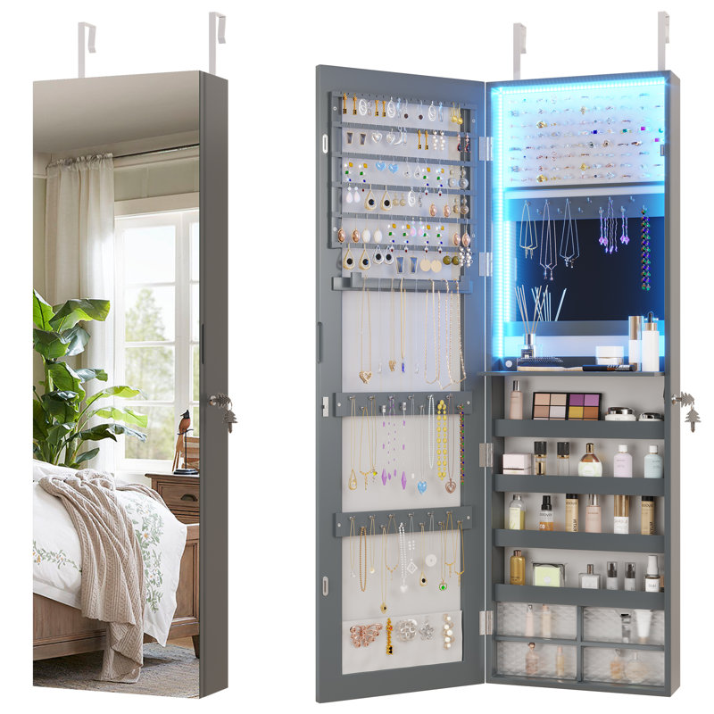 Jewelry Cabinets with Interior Vanity Mirror, Door Hanging/Wall Mounted Jewelry Armoire, Grey