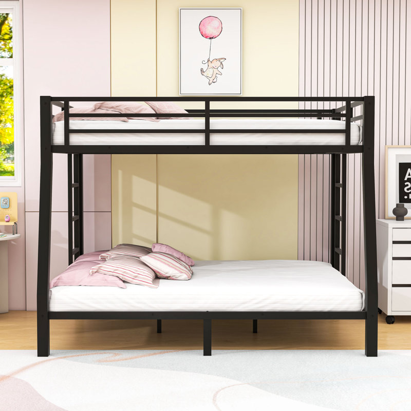 Metal Bunk Bed With Ladder And Guardrails, Black, Full XL Over Queen