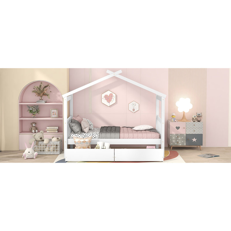 Lit simple en bois avec tiroirs, Blanc