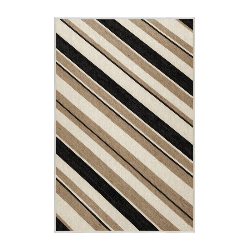 Washable Light Beige Charcoal Striped Area Rug, Rectangle 5' x 8'
