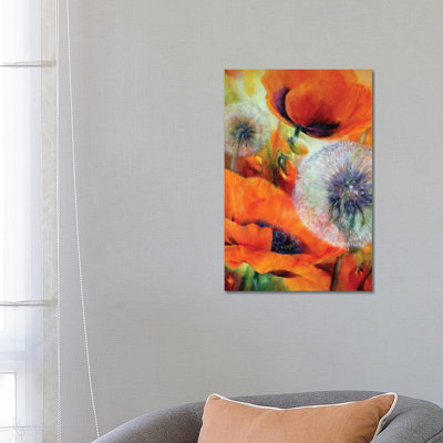 Poppies And Dandelion by Annette Schmucker - Wrapped Canvas Print