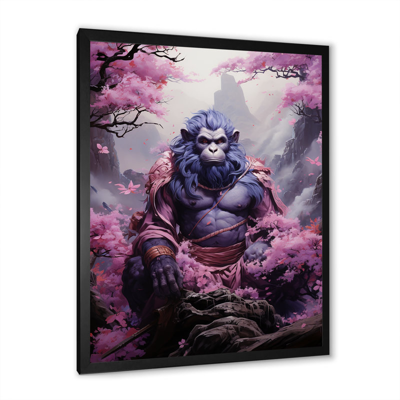 Hindu Gorilla God Mountain Mauve, reproduction d'art sur toile, Cadre simple noir, H 44 po x l 34 po x P 1,5 po