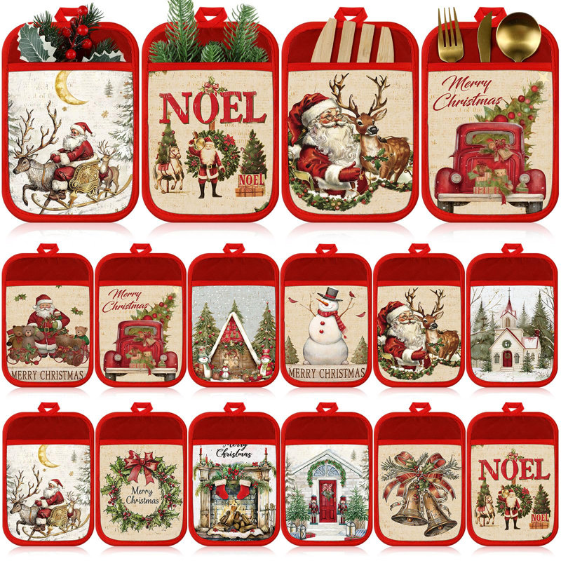 Ensemble de 12 porte-casseroles de Noël avec poche, mitaines de four résistantes à la chaleur et coussinets chauds pour la cuisson, accessoires de cuisine rétro de Noël