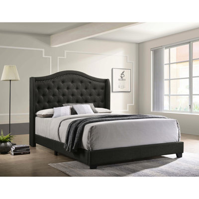 Queen Copper Grey Upholstered Bed With Wingback Feature, Comfortable Padding In Material, High - Back Side Panels, Ideal For Bedroom Softly Wrapped Quality Classic Elegance