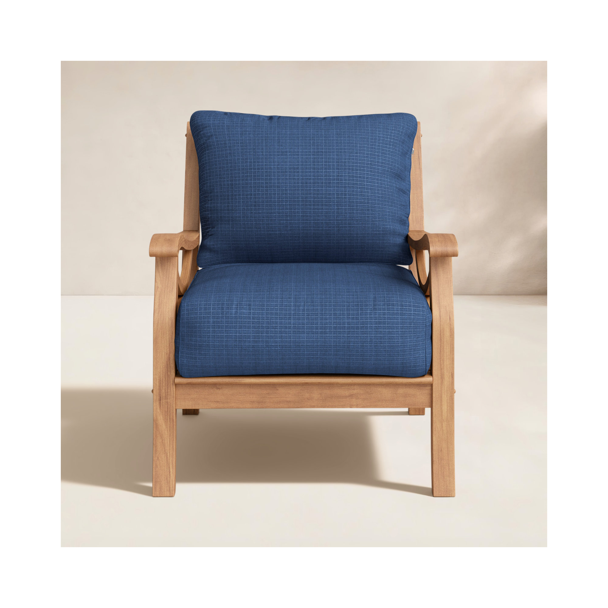 Brunswick Teak Patio Chair with Cushions, Natural, Navy Performance Olefin