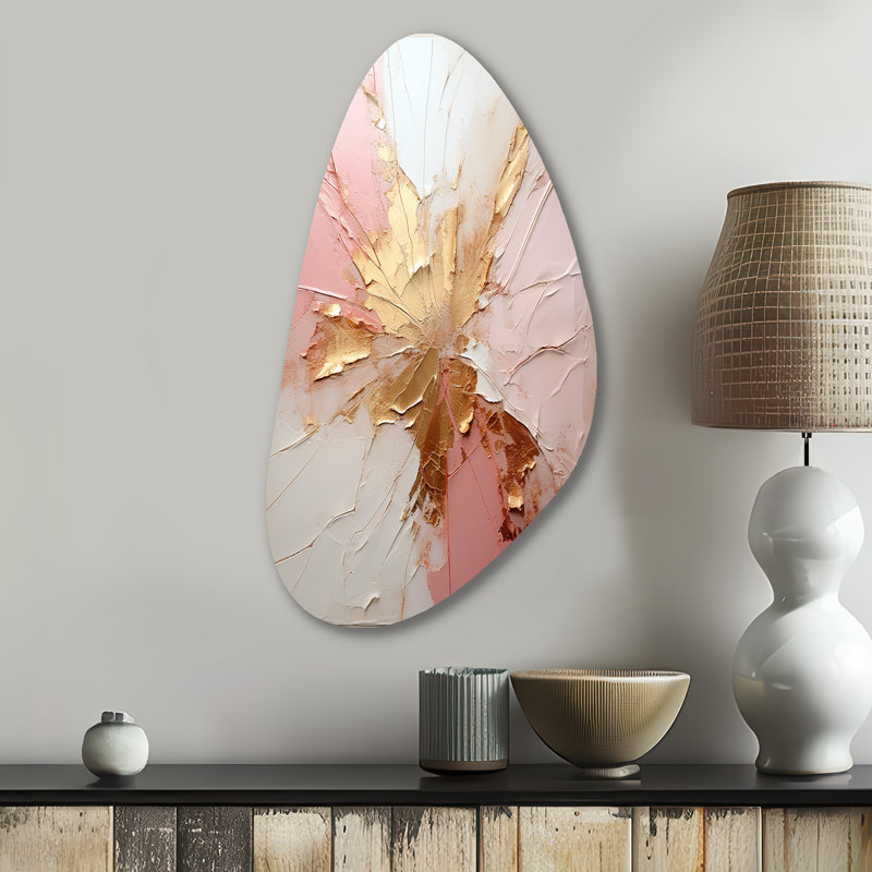 Or et rose, peinture fusion - peinture abstraite de forme irrégulière, art mural en métal pour le salon, impression asymétrique beige sur métal