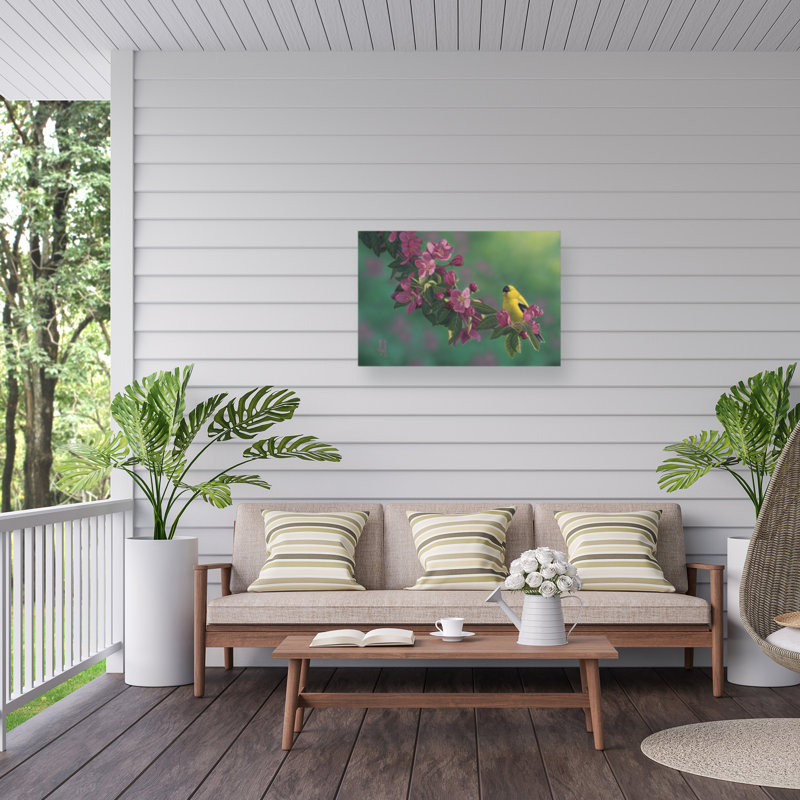 Jeff Hoff, chardonneret et toile d'extérieur rose, H 12 po x l 19 po