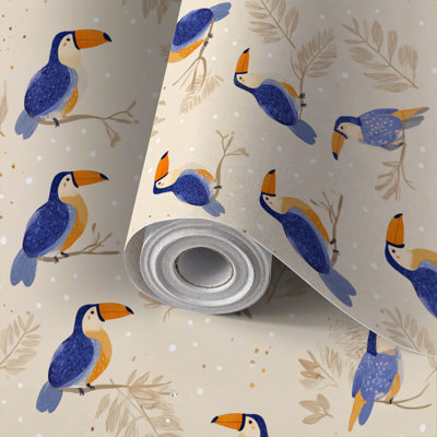 Papier peint à peler et coller pour enfants, papier de contact, dessin mignon, oiseau toucan, feuilles tropicales, style minimaliste, adhésif et amovible, 24 po x 118 po (60 x 300 cm)