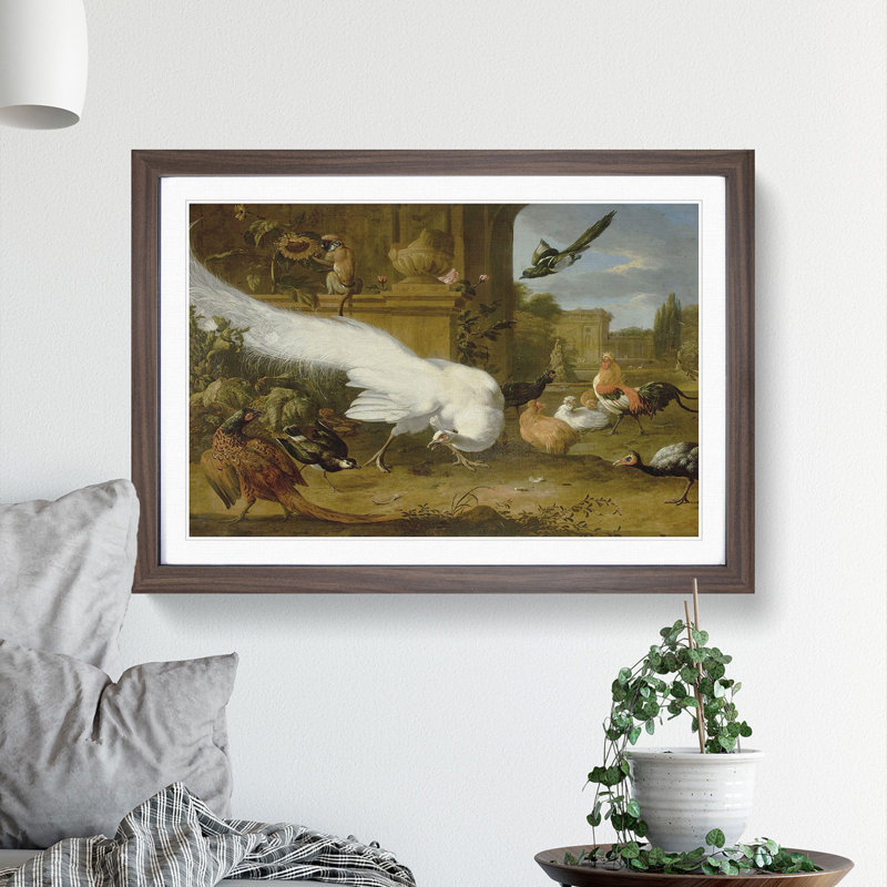 Fowls and a White Peacock by Melchior D'hondecoeter - Picture Frame Painting, Walnut Framed, 27cm H x 36cm W x 2cm D
