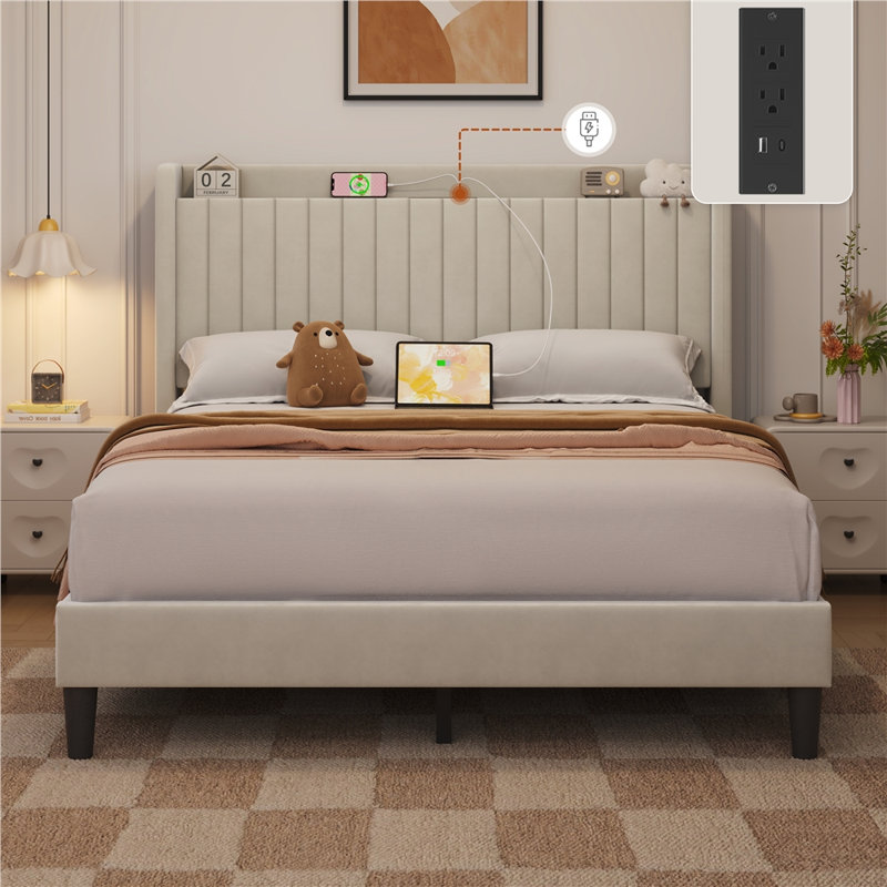 Structure de lit rembourrée avec prises de recharge et ports USB, Beige, Grand