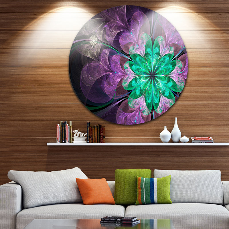 « scintillant purple green fractal fleur », impression sur métal, H 23 po x l 23 po x P 1 po
