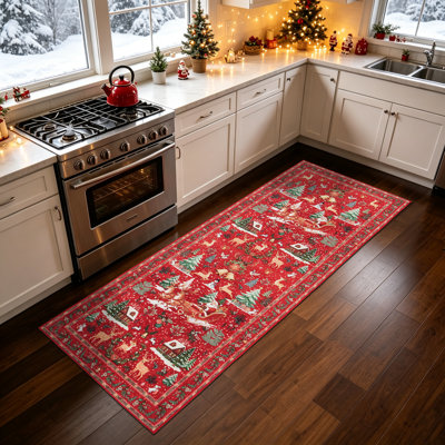 Winter Wonderland Red Christmas Runner Rug for Hallway, Entryway, and Kitchen