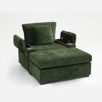 Chaise en chenille moderne avec lit convertible en lit, porte-gobelets pour boissons et accoudoirs de rangement pour les espaces de vie