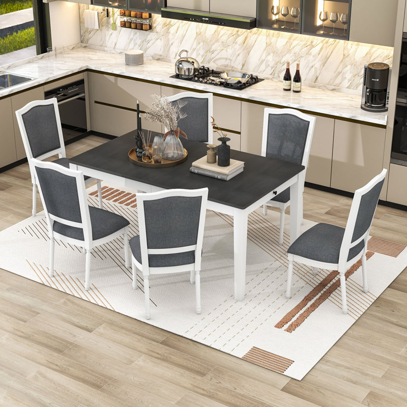 Ensemble de table de salle à manger extensible 7 pièces Rustic avec rallonge amovible et 6 chaises rembourrées, Gris / Blanc