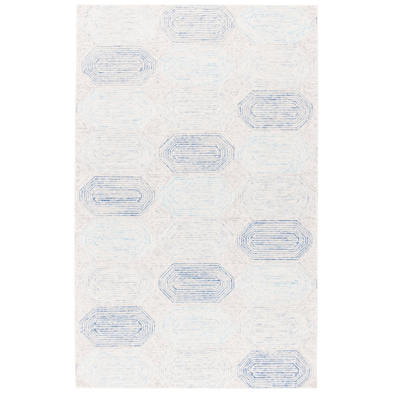 Tapis en laine / coton touffeté à la main Kohut en ivoire / bleu, Rectangle 4 pi x 6 pi