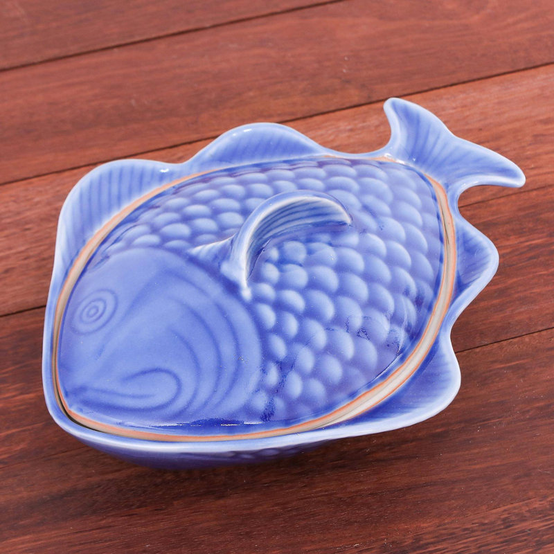 Rosecliff Heights Leyt Ceramic Divided Serving Dish, Blue