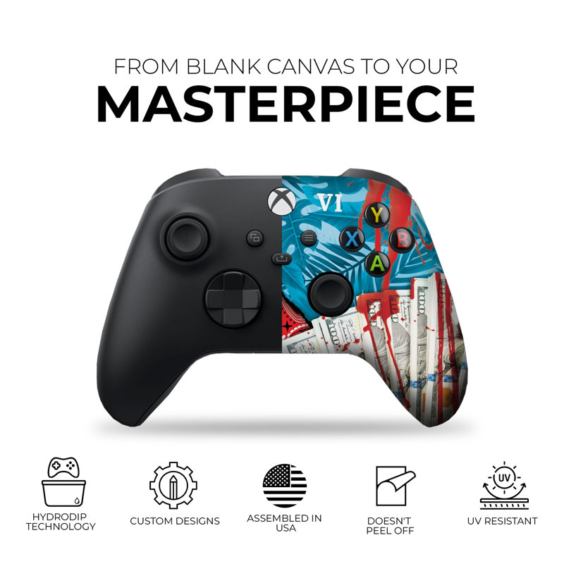 DreamController G. T. A. 6 Contrôleur X-box personnalisé sans fil compatible avec X-box One / Series X / S Personnalisé aux États-Unis avec impression HYDRO-DIP permanente (PAS JUSTE UNE PEAU) (MODDED)