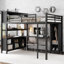 Lit mezzanine en métal avec garde-robe et bureau en forme de L, lit mezzanine grand format avec cubes de rangement et tablettes, lit mezzanine robuste pour enfants, adolescents, adultes, noir