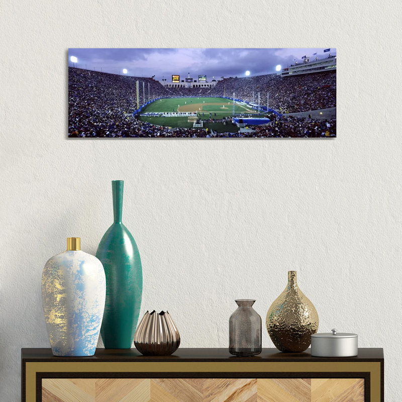 Spectators Watching Baseball Match, Los Angeles Dodgers, Los Angeles Memorial Coliseum 1 Piece Wrapped Canvas Panoramic Wall Art