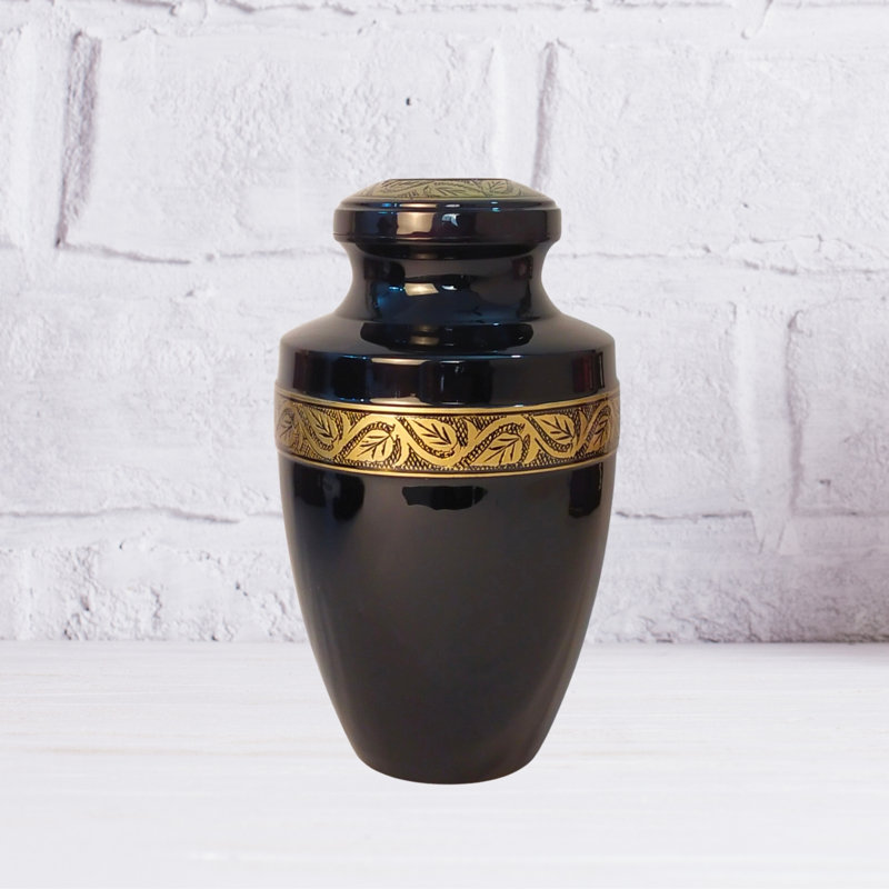 Rhanada Handmade Metallic Leaves Large Cremation Urn , Black, 10.5" H x 7" W x 7" D