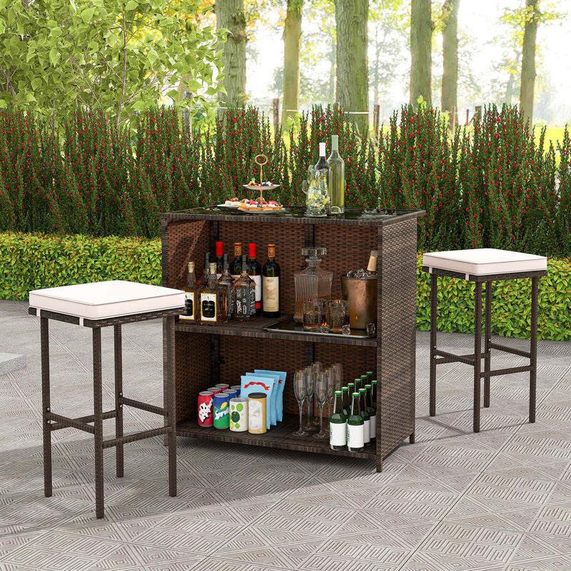 3 Pcs Patio Bar Set With Tempered Glass Tabletop 2-tier Storage Removable Cushions