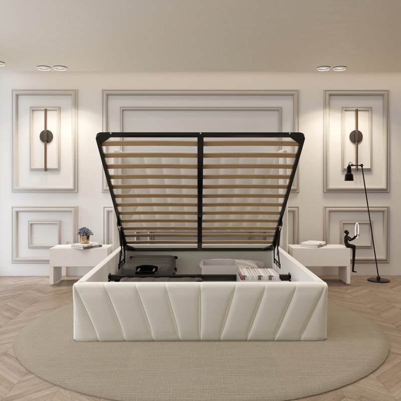 Iginia Upholstered High Headboard Storage Bed w/Hydraulic Gas Lift, Wood Slat System & Under Bed Storage