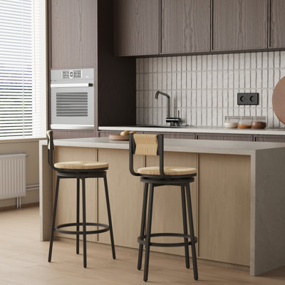 2 chaises de comptoir rustiques tissées à la main 2 pièces, siège pivotant à 360 °, structure en métal et corde de papier miel pour 2 chaises de cuisine, structure, salle à manger de couleur,