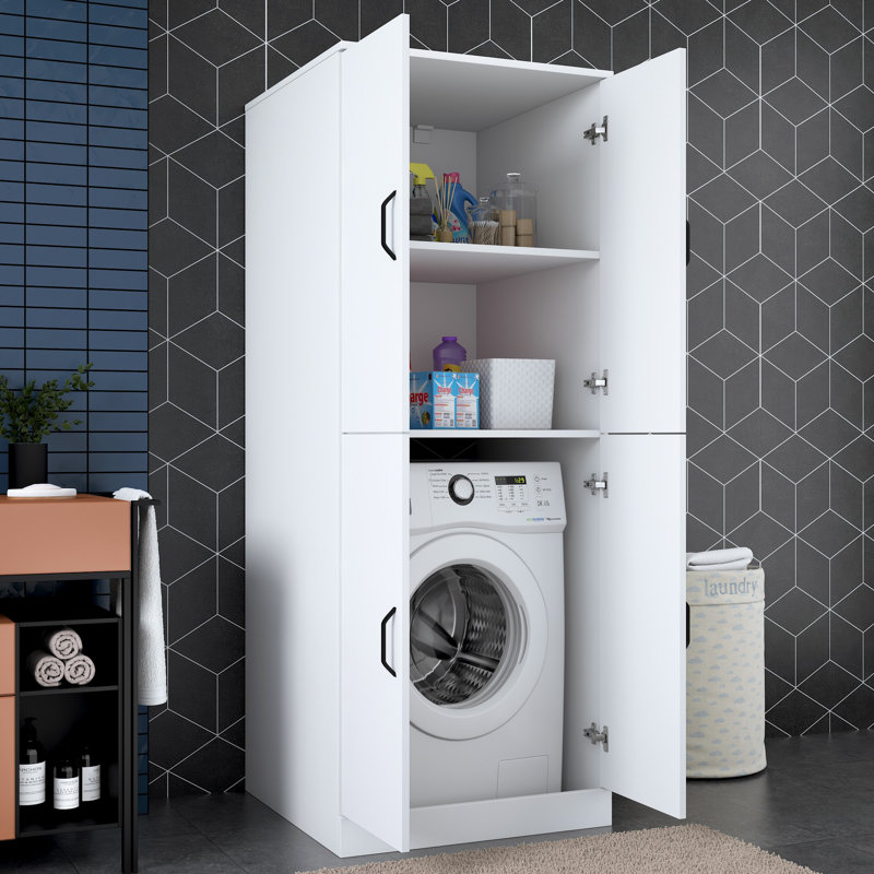 Modern Washing Machine Cabinet, White, 27.6 x 71.5 x 28.5 inches | 100% Melamine Coated E1 Quality Chipboard, Multiple Shelves, Wall-Mountable Design | Perfect for Laundry Rooms, Stylish and Functional Storage Solution
