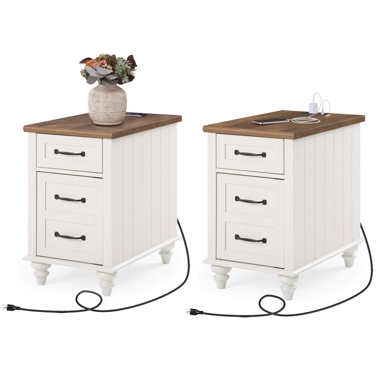 Francene 2 - Drawer End Table Set and Built-In Outlets, Brown Wood/White