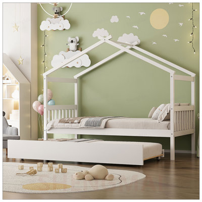 Lit simple en bois avec lit gigogne simple, conception fantaisiste et fabrication en pin massif pour les chambres d'enfants