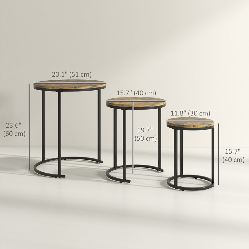 Nesting Tables Set of 3, Stackable Round Coffee Tables, Rustic Brown