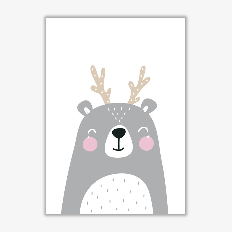 Grey Bear With Antlers - Painting, 30 cm H x 21 cm W x 1 cm D, No Frame
