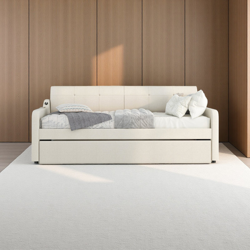 Twin Size Upholstery Daybed With Trundle And USB Charging Design,Trundle Can Be Flat Or Erected, Beige
