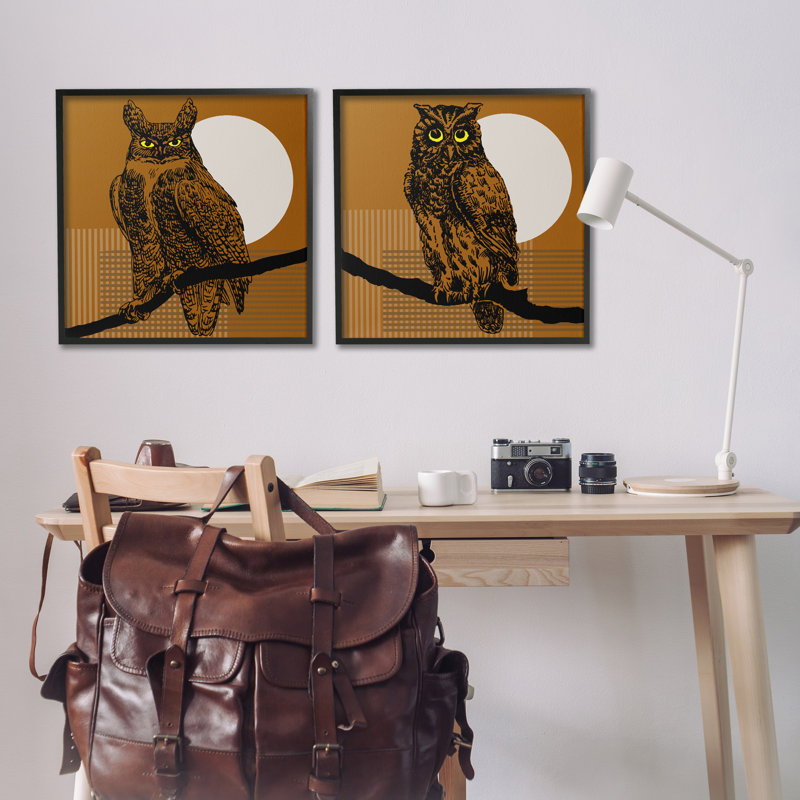 «Full Moon Owls on Branch», ensemble de 2 giclées par Regina Moore, H 24 po x l 24 po, Giclée encadrée noir minuit