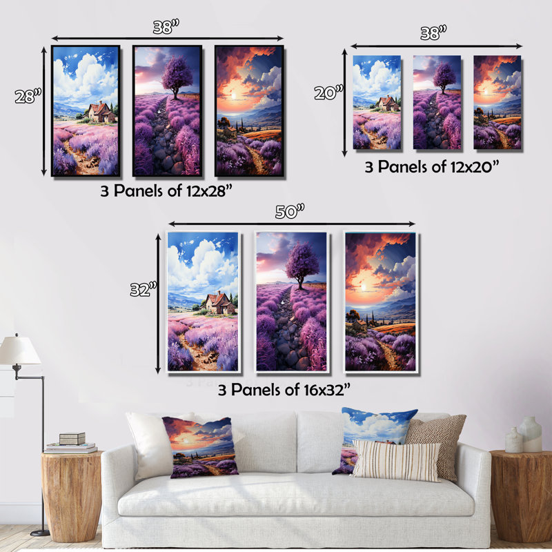 «France Lavender Hues», 3 pièces sur toile, Encadrement doré, H 28 po x l 36 po