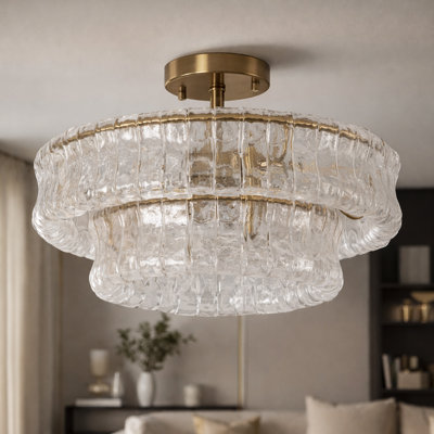 20" 6-Light Brushed Brass Double-Layer Clear Artistic Glass Unique / Statement Semi-Flush Mount For Living Room/Bedroom