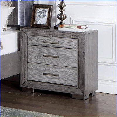 Grey 3-Drawer Nightstand with USB Ports and Solid Wood Handles