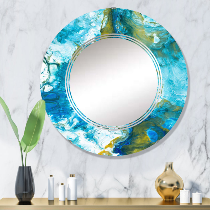 Miroir mural moderne bleu et blanc, 32 po x 32 po