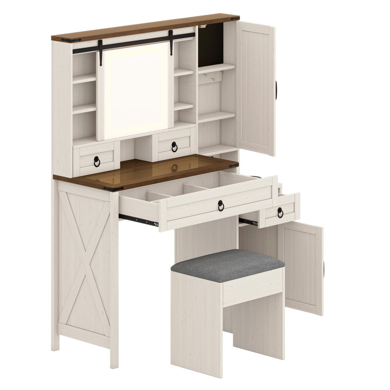 Complete Vanity Set Featuring Sliding Mirror, Illuminated Lights, and Storage Cabinets, White