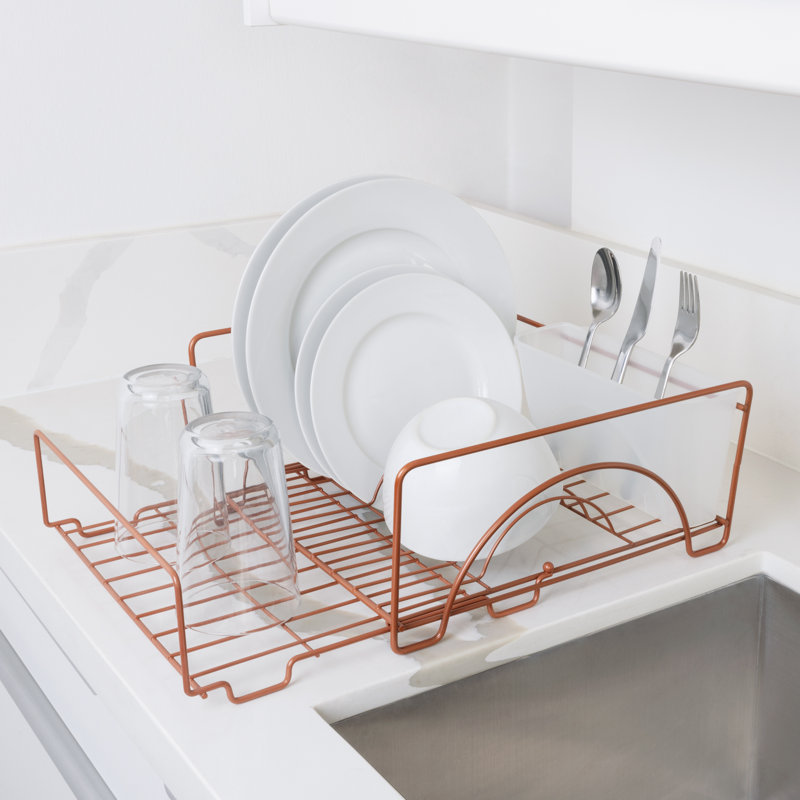 Rose Gold Expandable Metal Dish Drainer with Utensil Cup